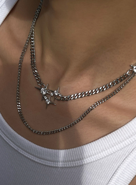 项链女轻奢小众设计感高级锁骨链嘻哈中性风古巴芒星双层颈链男潮