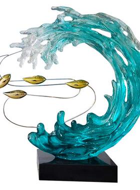 酒店样板间玄关客厅装饰品摆件现代别墅办公室透明树脂水浪花雕塑