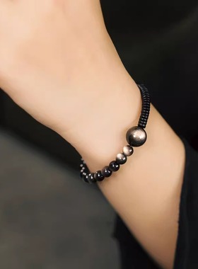 黑檀木银耀石手链原创个性复古百搭单圈手串男女情侣小众设计高级