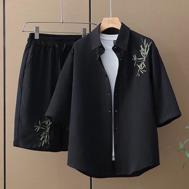 夏季套装华夫格短袖衬衫男一套衣服竹叶刺绣五分裤宽松潮牌两件套 - 图0