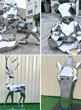 大型不锈钢几何块面鹿雕塑石头广场园林景观镜面动物落地摆件定制