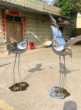 现货不锈钢仙鹤雕塑镜面草坪水池园林景观装饰抽象白鹭火烈鸟摆件