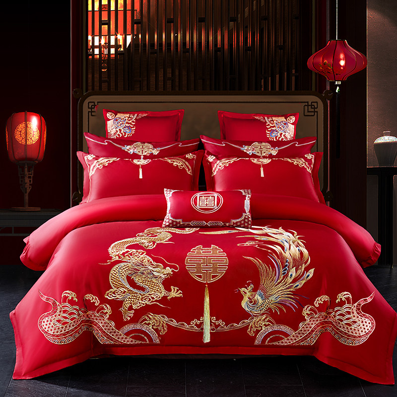 婚庆四件套大红色全棉刺绣新婚喜被套件纯棉婚房绣花结婚床上用品,淘宝优惠券,粉丝福利购,淘宝优惠卷