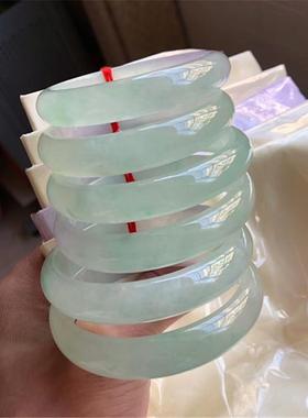 厂家缅甸翡翠手镯女士冰种阳绿飘花玉石镯子ab货带翠飘花翡翠玉镯