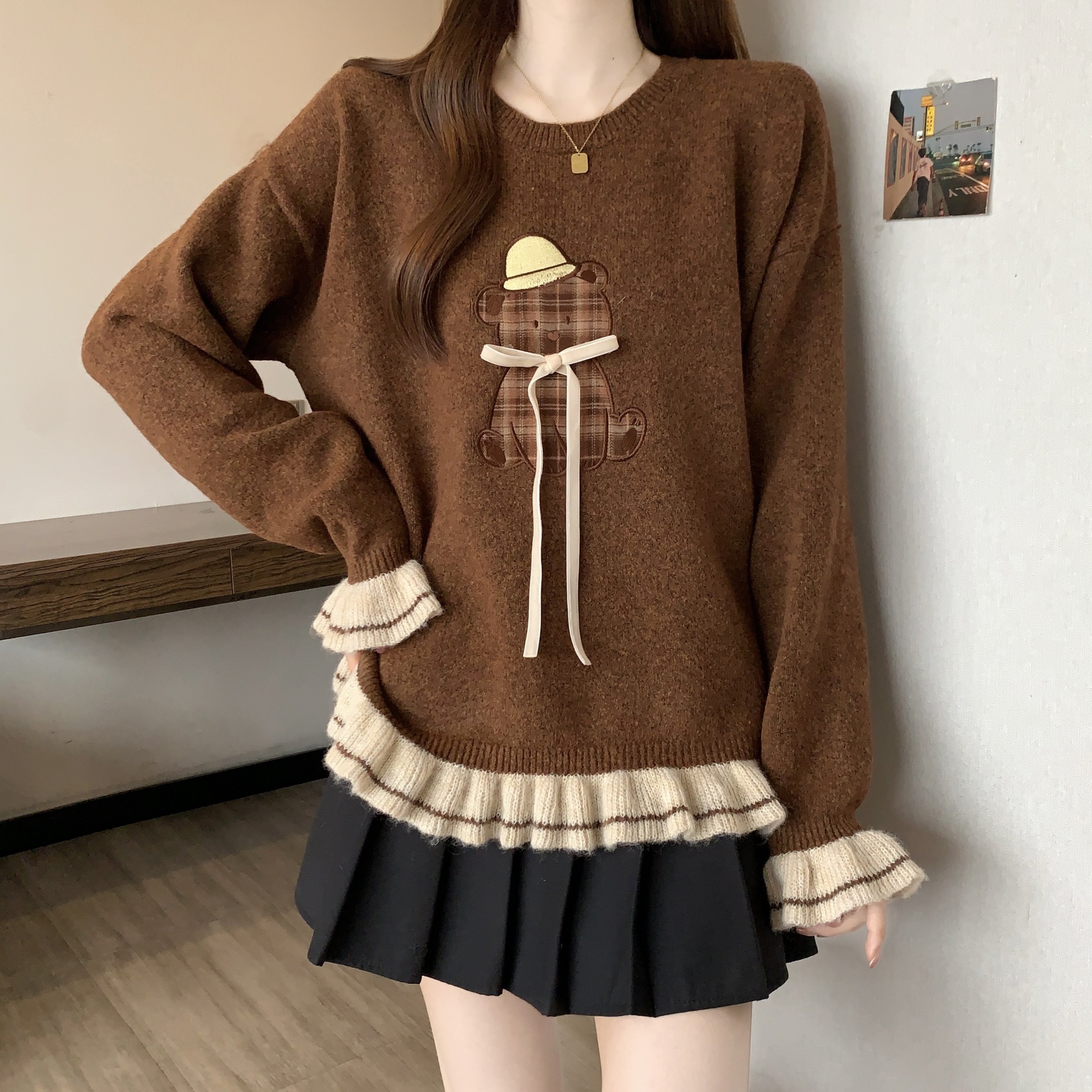 实拍~大码胖mm刺绣小熊图案毛衣棕色上衣秋冬新款显瘦遮肉针织衫,淘宝优惠券,粉丝福利购,淘宝优惠卷