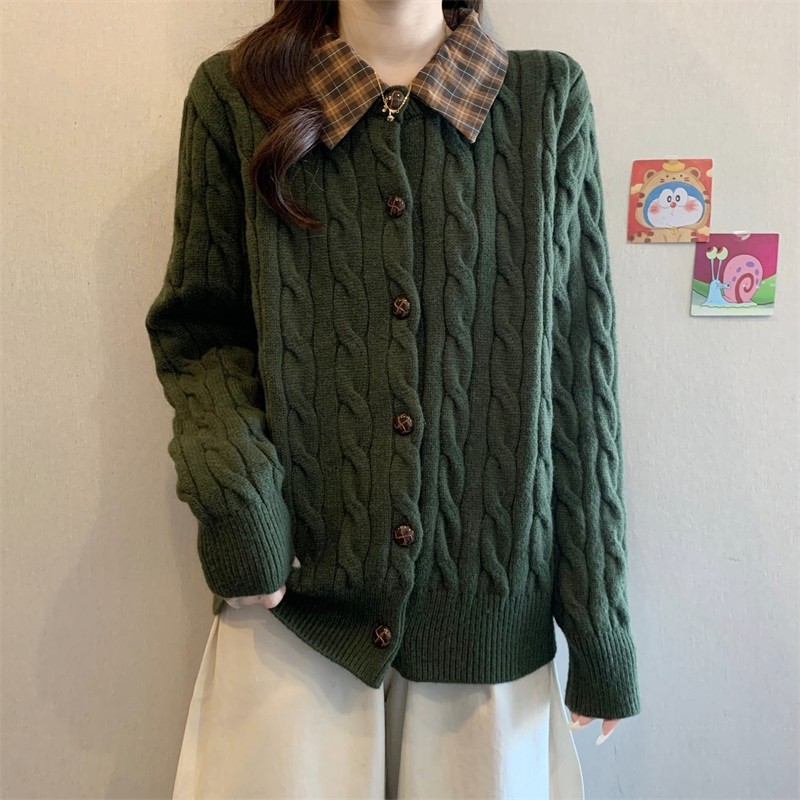 实拍～大码胖MM榄绿拼格子针织毛衣开衫冬季款新款巨好看翻领外套,淘宝优惠券,粉丝福利购,淘宝优惠卷