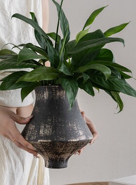 润家家居侘寂风花瓶轻奢高级感客厅插花花器样板间装饰黑色摆件
