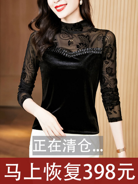 ເສື້ອຍືດຄໍເຕົ່າເຄິ່ງຄຳ velvet bottoming shirt lace hollow top