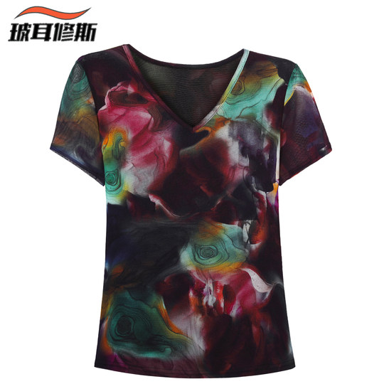 V领冰丝网纱T恤女短袖2024夏季新款修身半袖体恤高端扎染蕾丝上衣