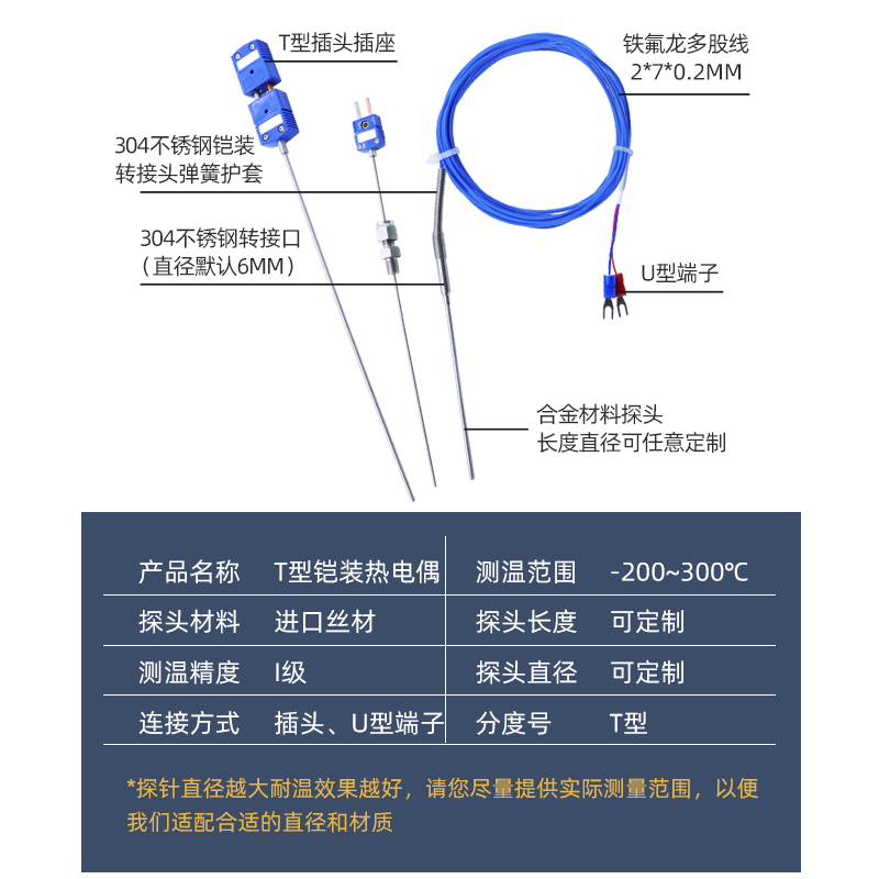 开普森进口T型铠装热电偶探针测低温液氮-200度传感器探头可弯曲-图1