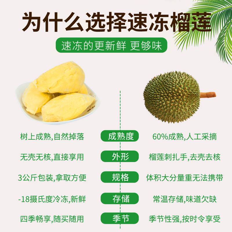 胖大佬旗舰店泰国金枕头榴莲新鲜冷冻果肉无核3kg冰冻树上熟速冻树熟水果顺丰2