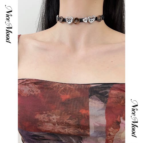 NiceMood 蝴蝶爱心纽扣项链项圈甜酷choker辣妹颈链y2k爱心网红风 - 图3