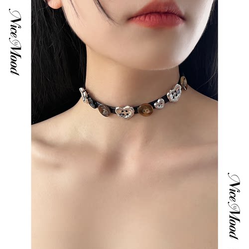 NiceMood 蝴蝶爱心纽扣项链项圈甜酷choker辣妹颈链y2k爱心网红风 - 图0