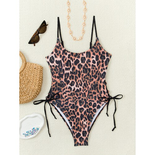 复古豹纹印花细肩带连体女泳衣bikini One-piece swimming suit - 图0