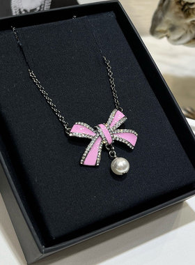 25新款粉色珐琅蝴蝶结项链耳环