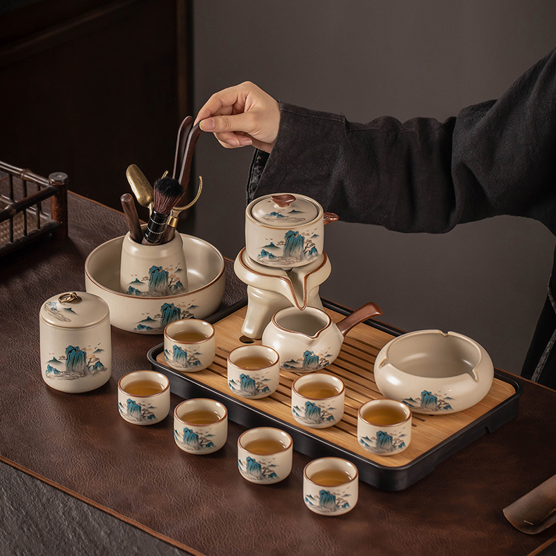 米黄汝窑自动茶具套装陶瓷茶壶功夫茶杯茶盘轻奢高档家用喝茶中式 - 图3