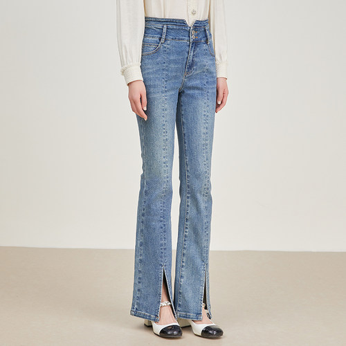 SOMSOM索玛2025春装新款微喇牛仔裤女休闲百搭前开叉高腰显瘦百搭 - 图1