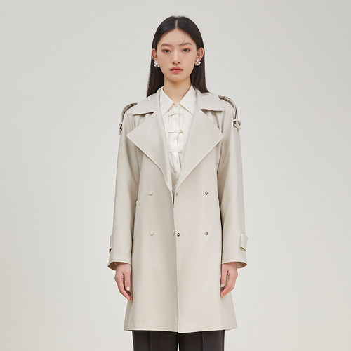 SOMSOM/索玛春季风衣外套女简约气质收腰西装领中长款双排扣上衣 - 图1