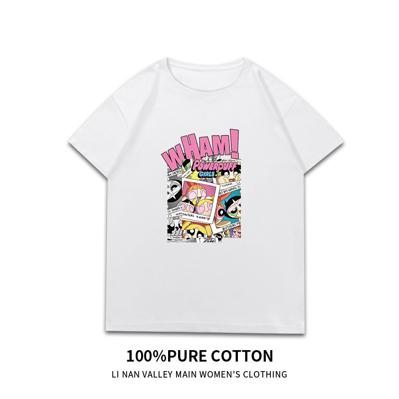 飞天小女警短袖t恤女ins潮日系原宿风卡通纯棉上衣宽松闺蜜装姐妹