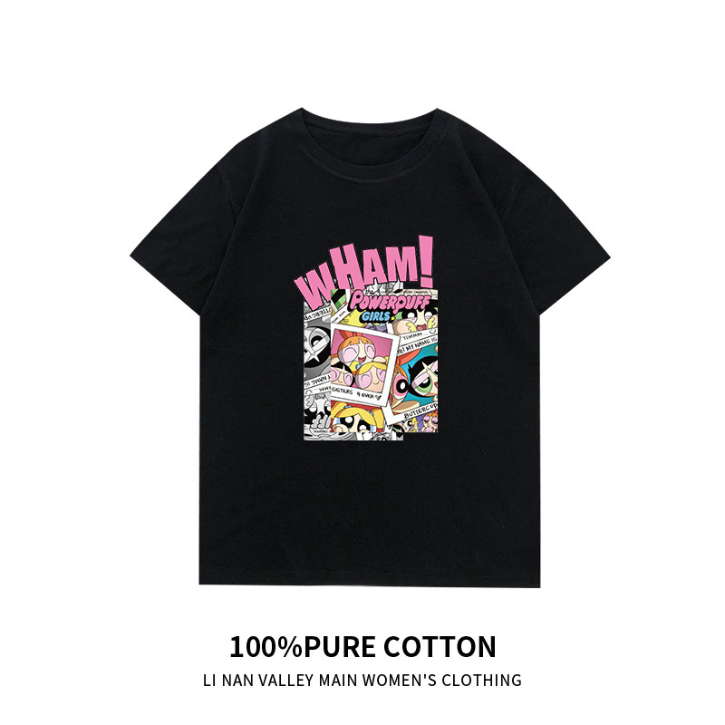 飞天小女警短袖t恤女ins潮日系原宿风卡通纯棉上衣宽松闺蜜装姐妹