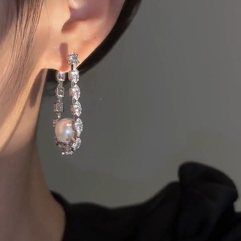 srrmhyn银锆石珍珠链条耳环时尚2023年新款耳坠小众手艺品,淘宝优惠券,粉丝福利购,淘宝优惠卷