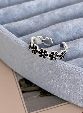 srrmhyn黑色花朵戒指女小众独特