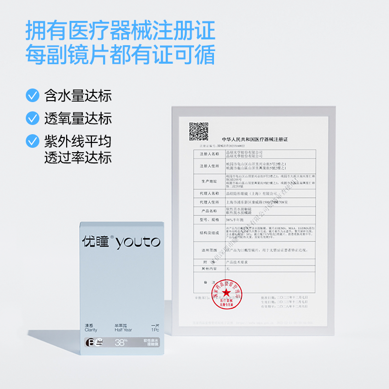 【透氧升级】优瞳隐形眼镜半年抛学生保湿近视透明高清水润2片装