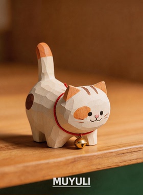 手工木雕丨三花猫实木质小猫桌面摆件车内装饰送女生生日礼物