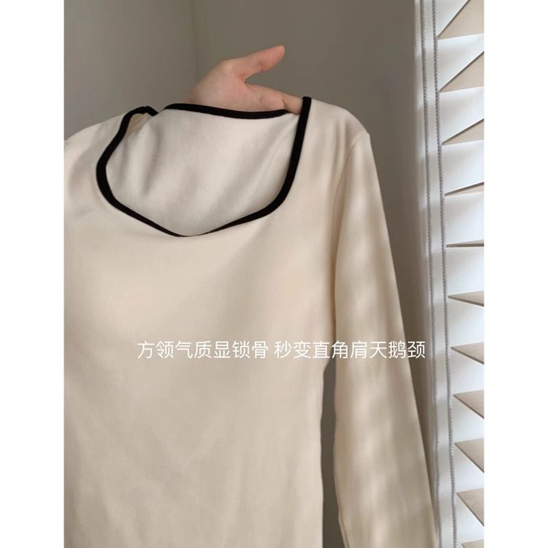 杏色方领加绒打底衫女内搭秋冬季保暖撞色带胸垫外穿修身长袖上衣,淘宝优惠券,粉丝福利购,淘宝优惠卷