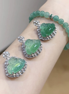 不掉色925银镶嵌钻绿玉髓翡翠佛公吊坠百搭项链锁骨链女百搭时尚