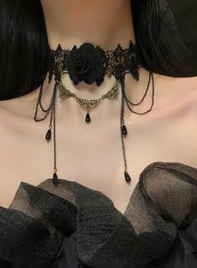 蕾丝黑色花朵chocker颈带项链女脖子配饰哥特风颈链lolita饰品