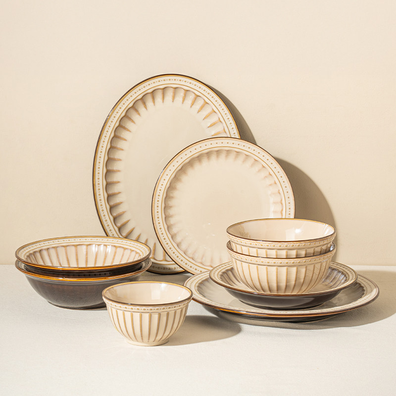 中古风碗碟套装家用新款高颜值法式复古餐具窑变陶瓷乔迁之喜菊瓣