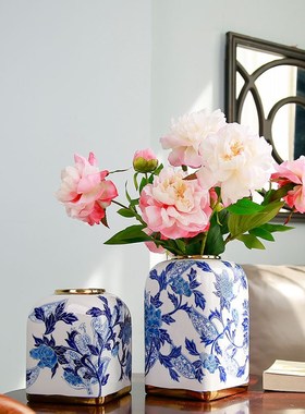 新中式家居客厅电视柜茶几玄关样板房创意青花陶瓷储物罐花瓶摆件