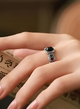 戒指可调节黑白蛋面复古做旧指环