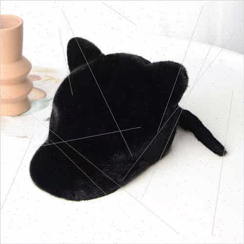New imation mink hair hat female cat ears baseball cap fall - 图0
