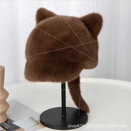 New imation mink hair hat female cat ears baseball cap fall - 图1