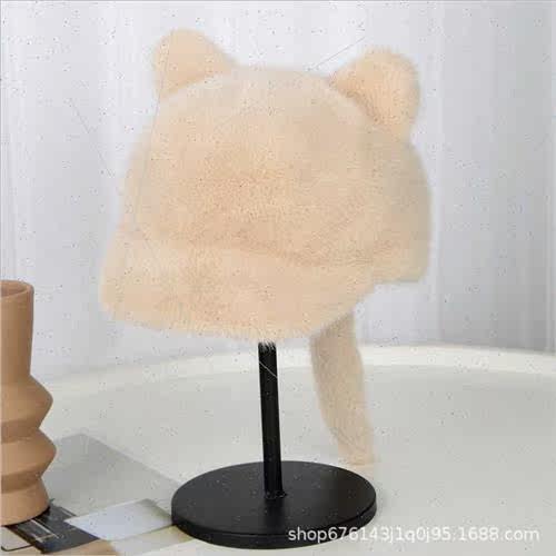 New imation mink hair hat female cat ears baseball cap fall - 图2