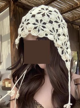 日系手工编织毛线帽学生少女ins风甜美可爱手钩镂空针织包头帽子
