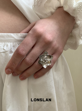 LONSLAN ACC 2025ss立体感银色金属简约食指戒可爱花朵戒指