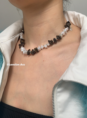 LonslanAcc复古棕拼接珍珠项链