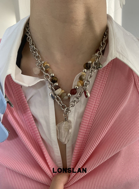 LONSLAN ACC 2025ss帅气双层叠戴粗链条不规则石头吊坠项链