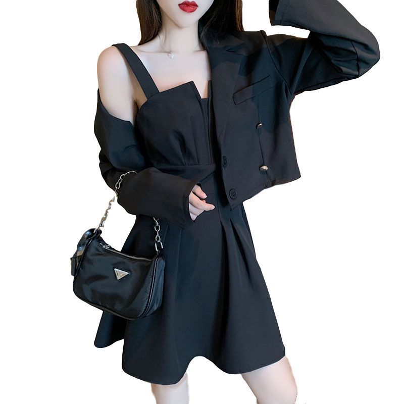小香风炸街套装女春夏新款韩版小西装外套吊带连衣裙子两件套显瘦 - 图3