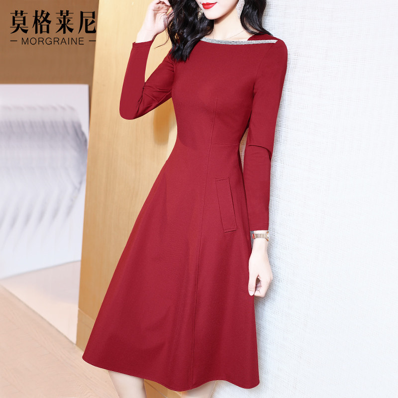 酒红色长袖连衣裙春秋季新款红裙子 莫格莱尼连衣裙
