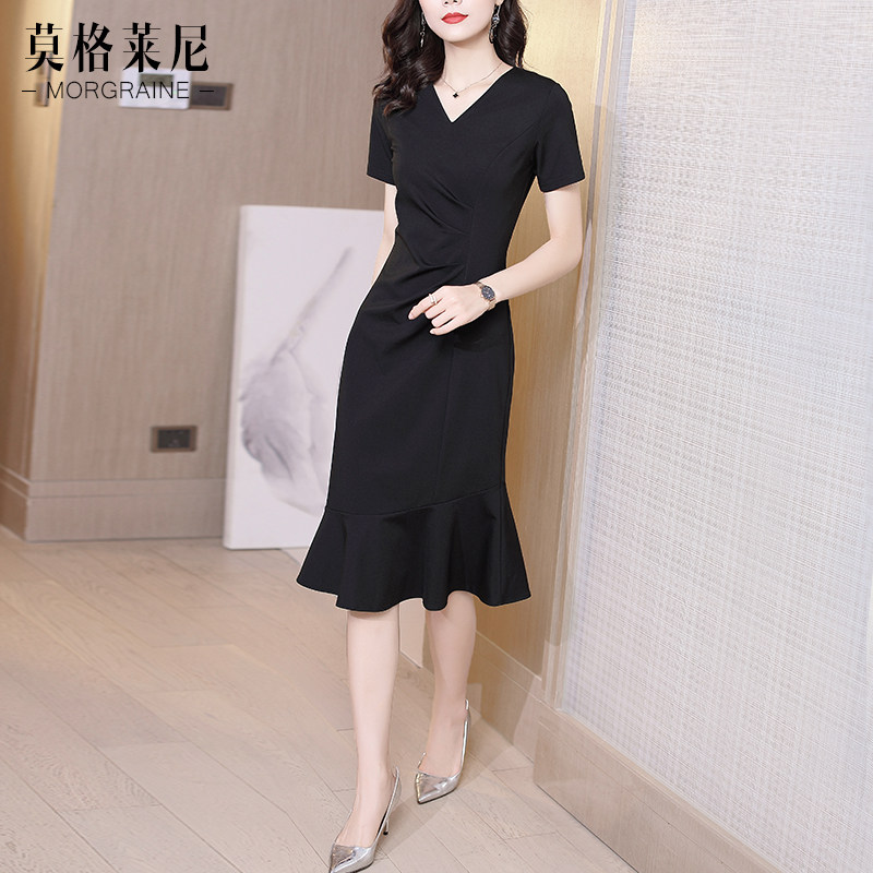 鱼尾裙2020新款夏气质v领连衣裙 莫格莱尼连衣裙