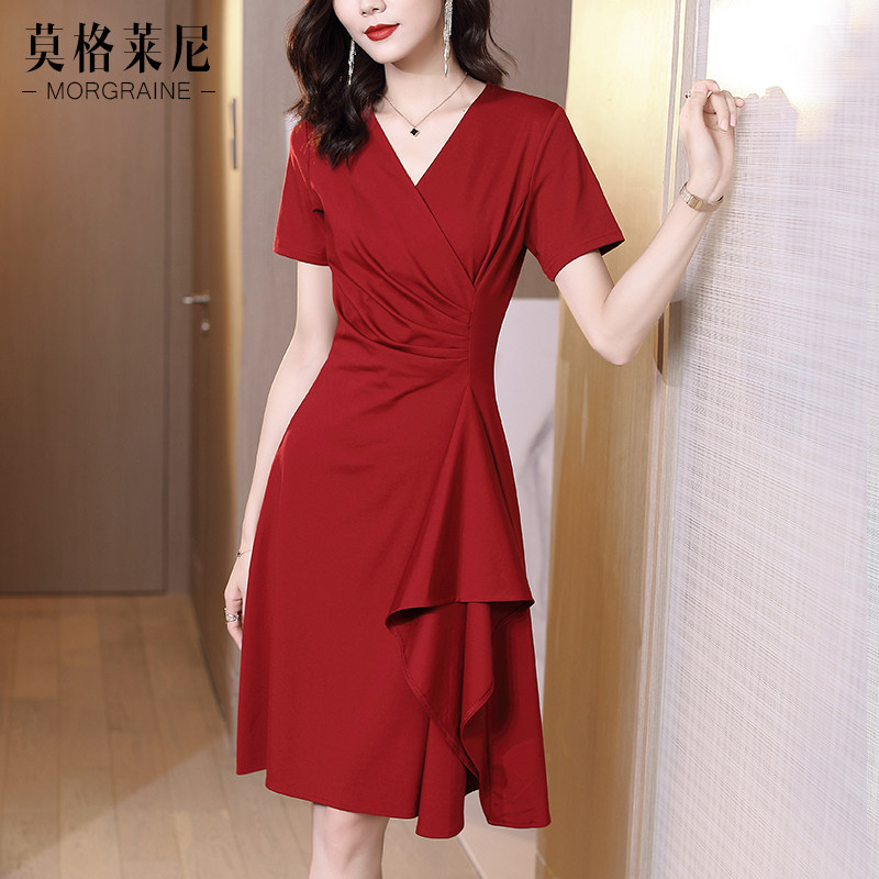 红色连衣裙2023夏天新款v领红裙子 莫格莱尼连衣裙