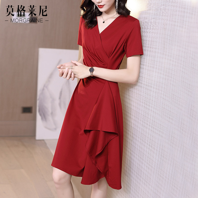 红色连衣裙2023夏天新款v领红裙子 莫格莱尼连衣裙