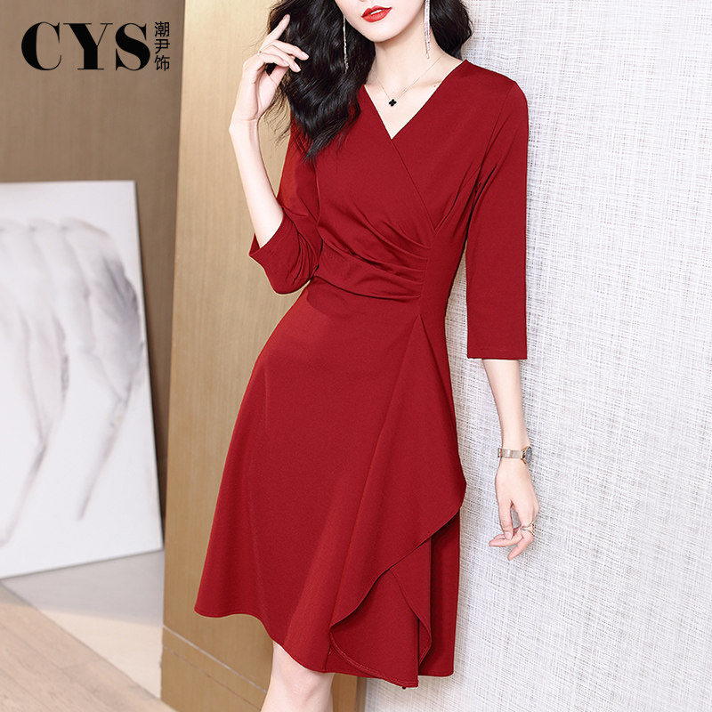 红色连衣裙女神范2020年初秋红裙子 莫格莱尼连衣裙