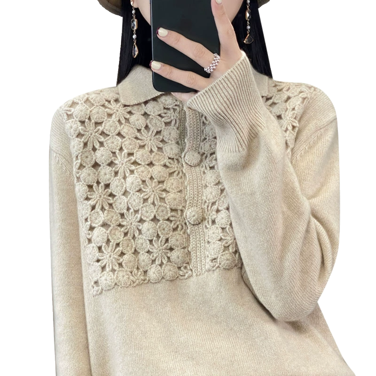 重工手工钩花POLO翻领100%羊毛衫女纯色短款宽松羊绒针织打底毛衣,淘宝优惠券,粉丝福利购,淘宝优惠卷