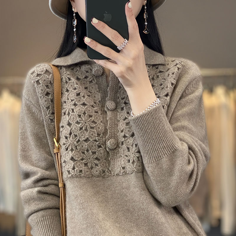 重工手工钩花POLO翻领100%羊毛衫女纯色短款宽松羊绒针织打底毛衣,淘宝优惠券,粉丝福利购,淘宝优惠卷