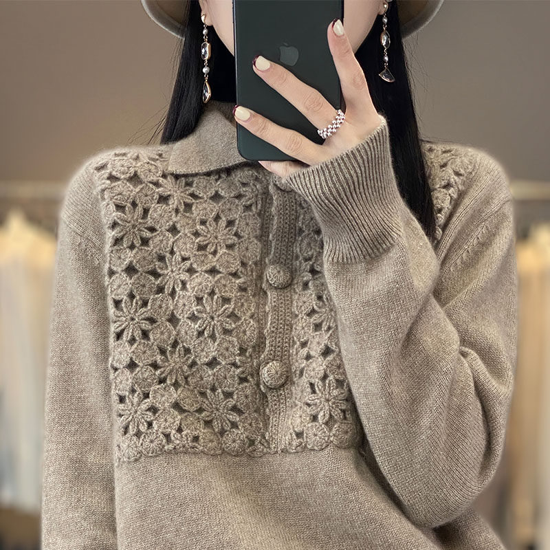 重工手工钩花POLO翻领100%羊毛衫女纯色短款宽松羊绒针织打底毛衣,淘宝优惠券,粉丝福利购,淘宝优惠卷